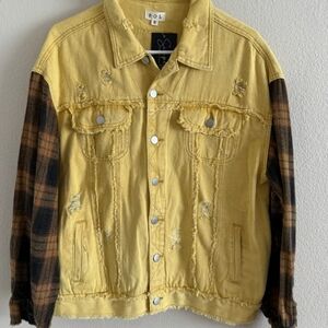 POL Distressed Yellow and Brown Plaid Men's Jacket